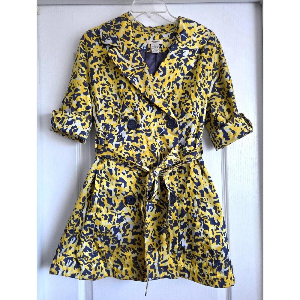 Vertigo Paris Yellow Navy Abstract Animal Print Trench Coat Jacket Sz M‎ S/S